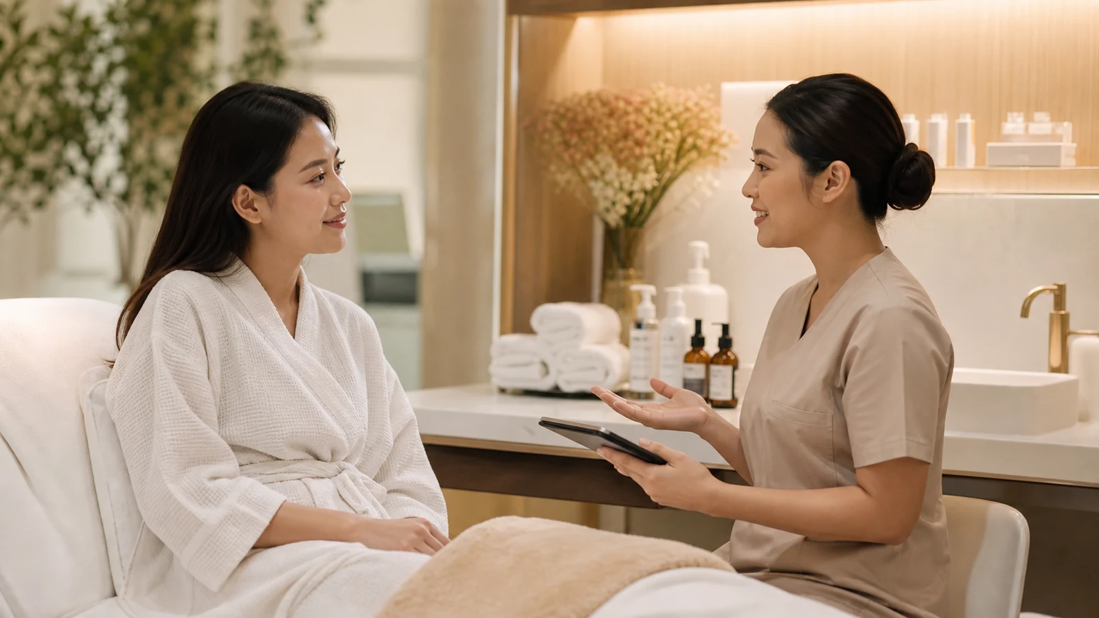 A gentle facial consultation in a warm aesthetic clinic treatment room featured image