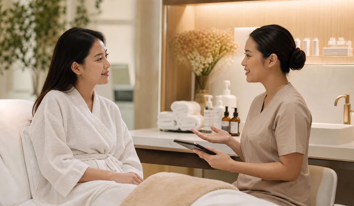 A gentle facial consultation in a warm aesthetic clinic treatment room