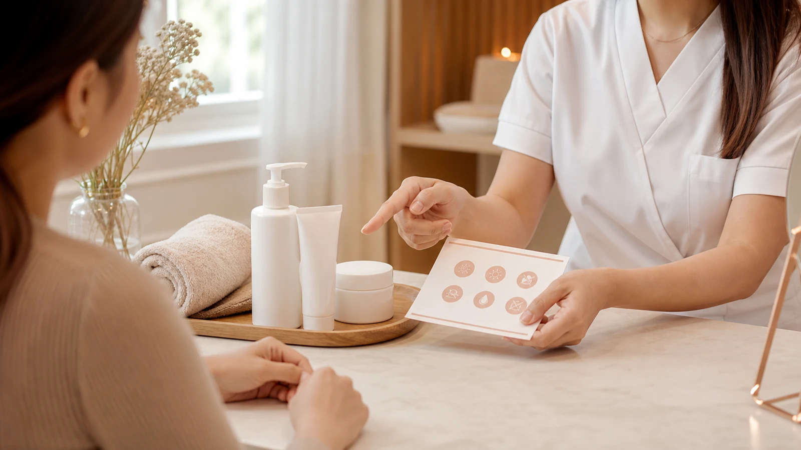 A clinician explaining sunscreen and gentle skincare after a laser treatment consultation featured image