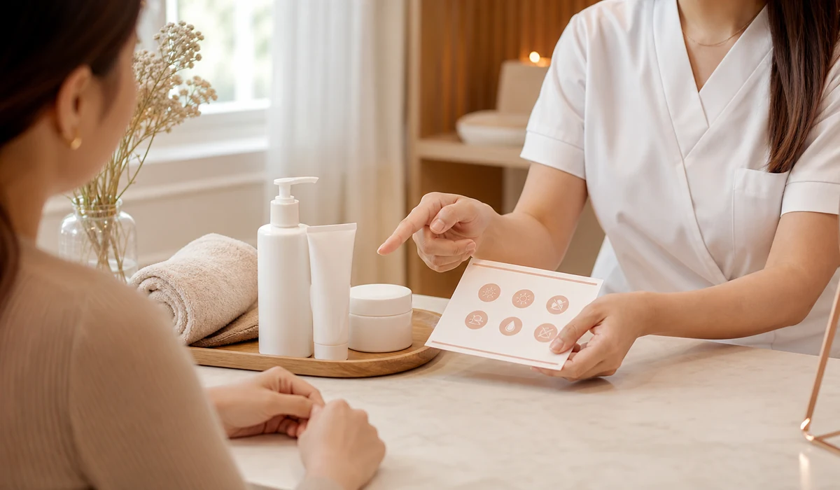 A clinician explaining sunscreen and gentle skincare after a laser treatment consultation