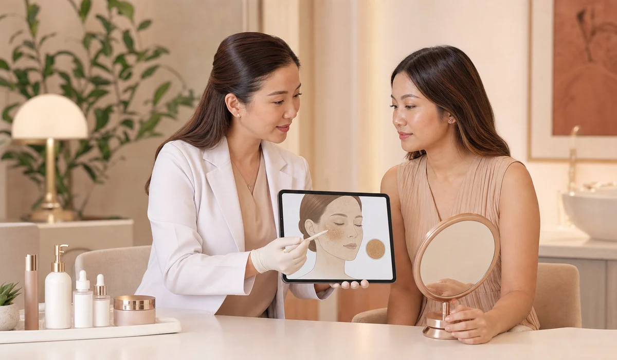 A clinician reviewing pigmentation concerns with a patient during a pico laser consultation
