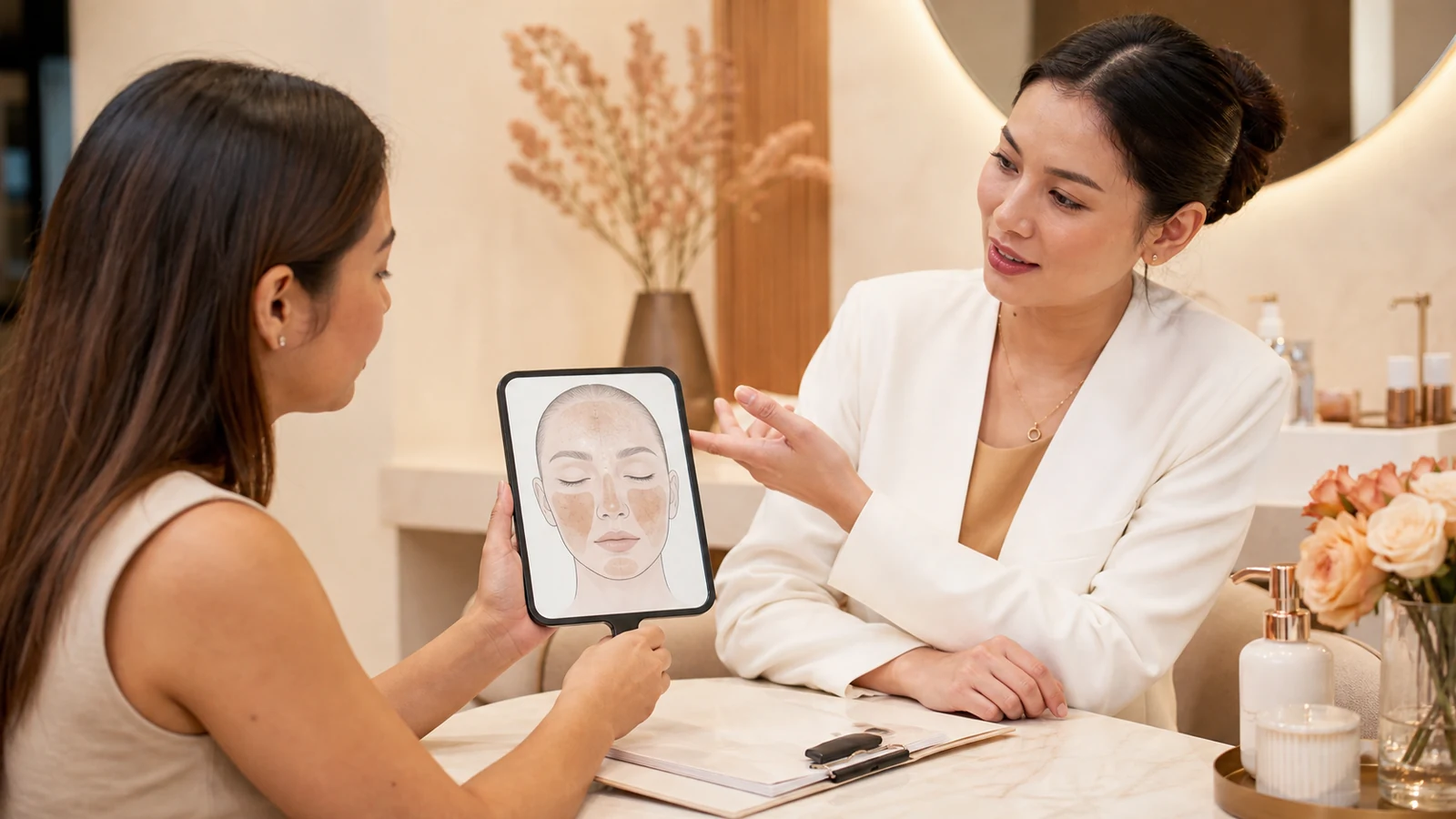 A clinician discussing a pigmentation treatment plan with a patient during a pico laser consultation featured image