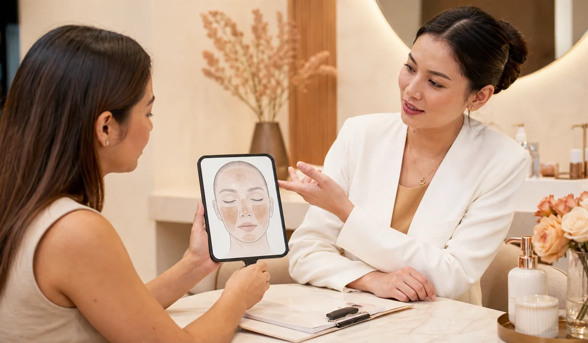 A clinician discussing a pigmentation treatment plan with a patient during a pico laser consultation
